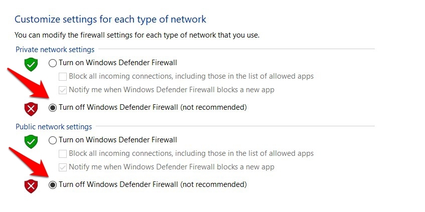 Deshabilitar el cortafuegos de Windows Defender