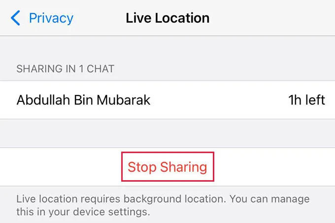 Parar o compartilhamento de localização ao vivo no WhatsApp