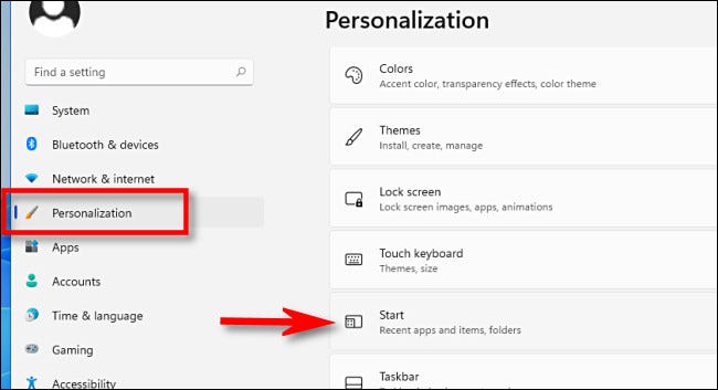 En la configuración de Windows 11, haga clic en "personalización," entonces "Para comenzar."