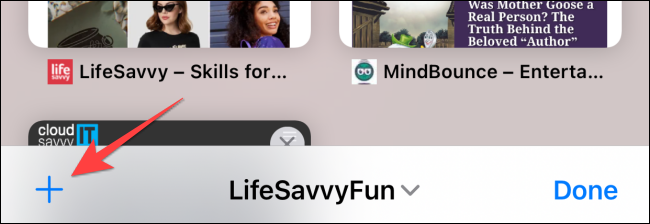 Toque el botón más para agregar una nueva pestaña a un grupo de pestañas.