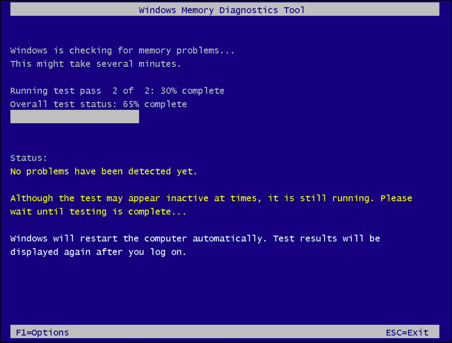 La herramienta de diagnóstico de memoria de Windows ejecuta un pase de prueba.