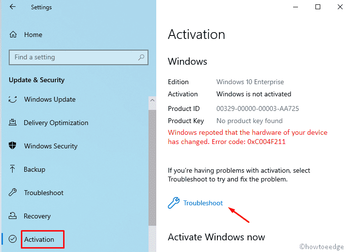 Error de activación de Windows 10 0xC004F211