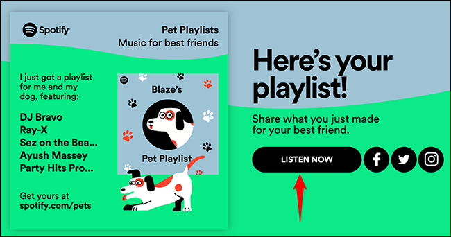 Hacer clic "Escucha ahora" en el sitio web de Spotify para mascotas.