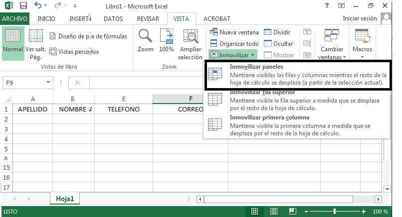 Rectángulo que indica la función en la hoja de Excel