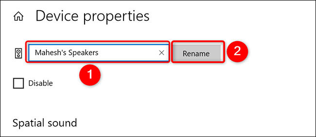 Introduzca un nuevo nombre y haga clic en "rebautizar" en el "propiedades del dispositivo" página en Configuración en Windows 10.