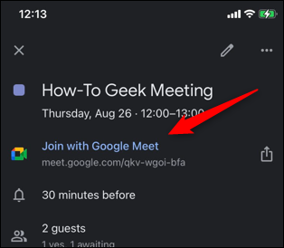 Toque el enlace Unirse a Google Meet.