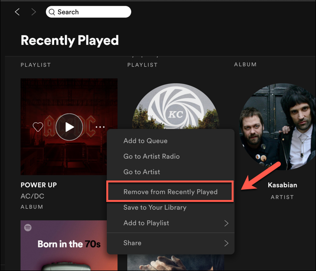 apretar "Quitar de reproducidos recientemente" opción para eliminar tu entrada de Spotify "Recientemente jugado" Lista.