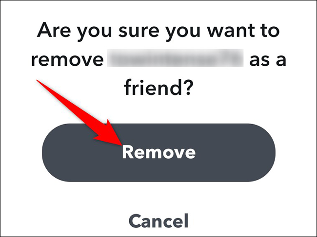 Tocar "Retirar" en el aviso de eliminar amigo en Snapchat.
