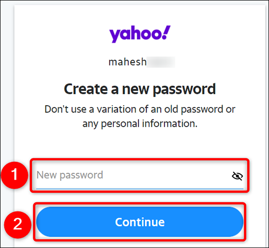 Hacer clic "Nueva contraseña" en el "Crear una nueva contraseña" Página del sitio web de Yahoo.