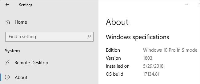 "Windows 10 Pro en modo S" que se muestra en la aplicación Configuración de Windows 10.