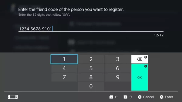 Ingresa el código de amigo de 12 dígitos y selecciona Aceptar