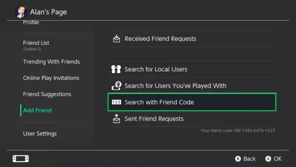 Seleccione la opción Buscar con código de amigo