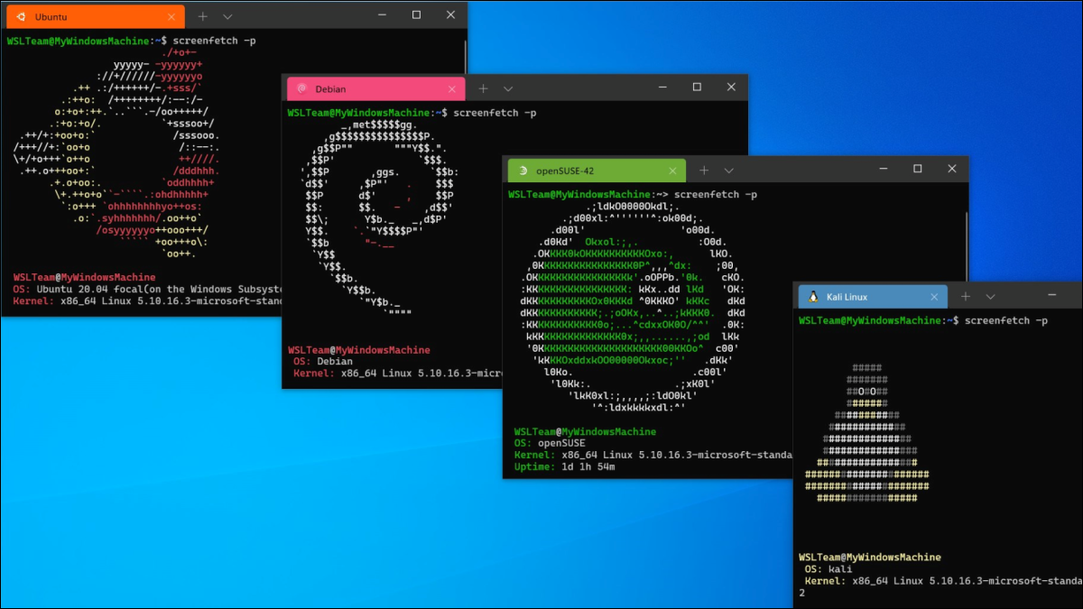 Ubuntu, Debian, openSUSE y Kali Linux ejecutándose en WSL en Windows.