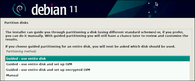 Elegir opciones de partición al instalar Linux Debian 11