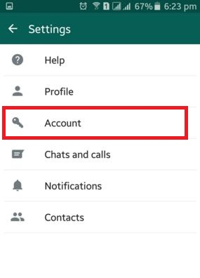 Opción de configuración de cuenta de WhatsApp