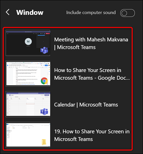 Seleccione una ventana de aplicación en Teams en el escritorio.