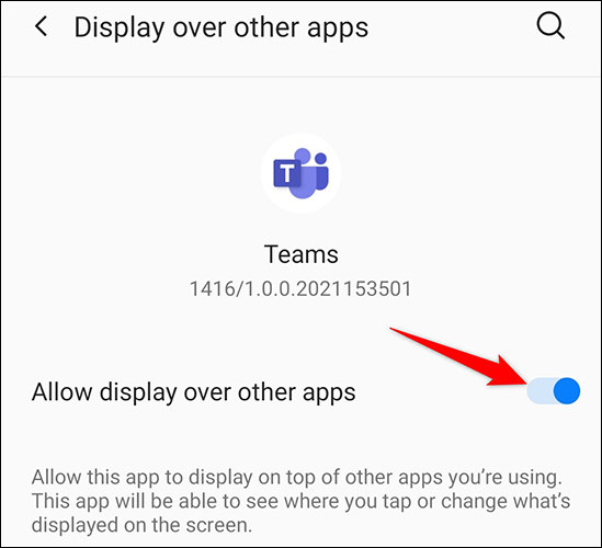 Permitir "Permitir ver sobre otras aplicaciones" para equipos en Android.