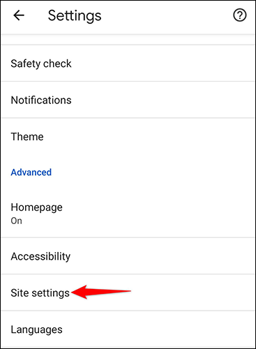 Tocar "configuración del sitio" en el "Definiciones" página en Chrome en el móvil.