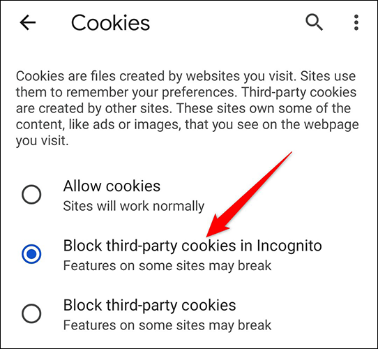activar el "Bloquear cookies de terceros en modo incógnito" opción en "Galletas" página en Chrome en el móvil.