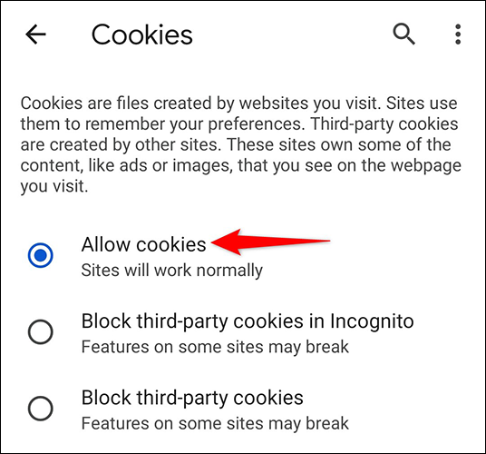 Permitir "Permitir cookies" en el "Galletas" página en Chrome en el móvil.
