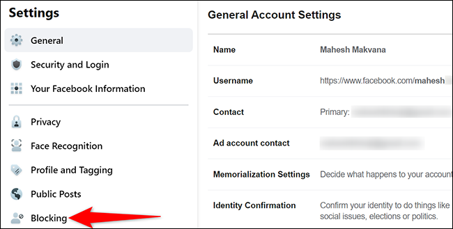 Hacer clic "bloqueando" en el "Configuración general de la cuenta" página en Facebook.