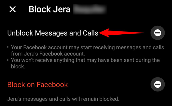 Tocar "Desbloquear mensajes y llamadas" en el "Bloquear" pantalla en Messenger.