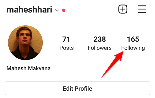 Tocar "Siguiendo" en la página de perfil de la aplicación de Instagram.