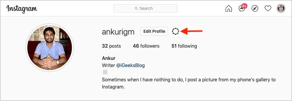 Haga clic en el ícono de ajustes junto a Editar perfil web de Instagram