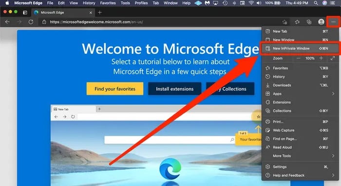 Captura de pantalla de Microsoft Edge con la opción InPrivate resaltada.