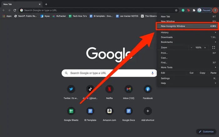 Captura de pantalla de Google Chrome con la opción de modo de incógnito resaltada.