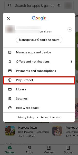 Opción de protección de juegos en google play