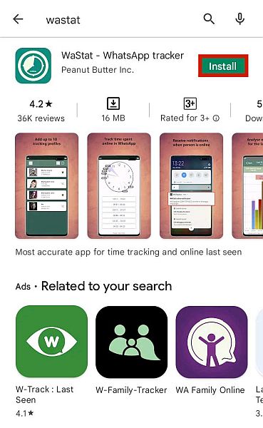 Página de detalles de WaStat en Play Store