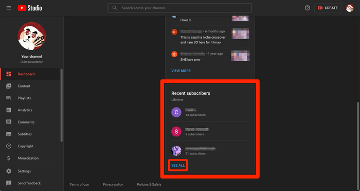 Una página de YouTube Studio con la lista de suscriptores recientes del usuario.