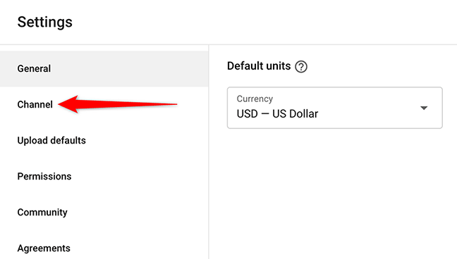 Seleccione "Canal" en la ventana "ajustes" en el sitio web de YouTube Studio.