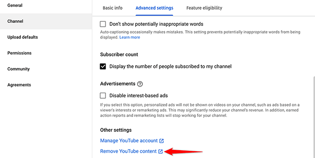 Seleccione "Eliminar contenido de YouTube" en la ventana "ajustes" en el sitio web de YouTube Studio.