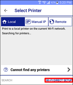 Seleccione la ventana de la impresora con el botón de configuración de Wi-Fi Direct seleccionado