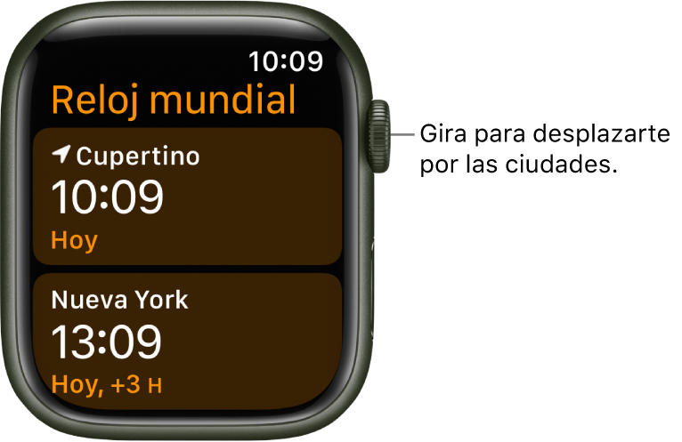 La aplicación Reloj mundial con una lista de ciudades y una barra de desplazamiento.