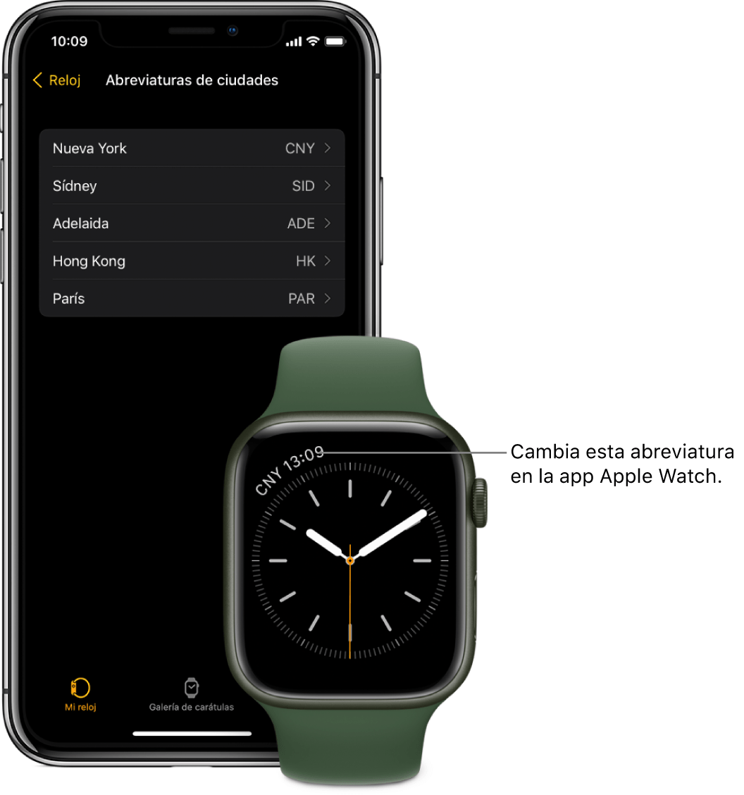 Un iPhone y un Apple Watch uno al lado del otro.  La pantalla del Apple Watch muestra la hora en la ciudad de Nueva York, utilizando la abreviatura NYC.  La pantalla del iPhone muestra la lista de ciudades en la configuración de abreviaturas de ciudades en la configuración del reloj en la aplicación Apple Watch en el iPhone.